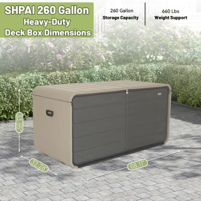 260 Gallon Plastic Deck Box, Large Patio Storage Box With Lock, Wheels  Waterproof Lid For Outdoor Cushions, Garden And Pool Supplies Gray