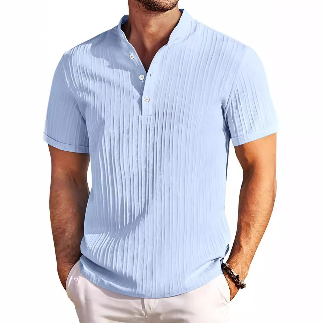 Summer Stand Collar Buttons Short Sleeve T-shirt Solid Color Stripe POLO Shirt Fashion Casual Beach Clothing For Men