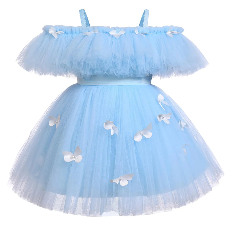 IDOPIP Flower Girl Butterfly Tutu Dress for Kids Baby First Communion Wedding Party Dresses Toddler Little Princess Pageant Birthday Ruffle Off Shoulder Tulle Gown Blue Butterfly - Ruffle 2-3 Years