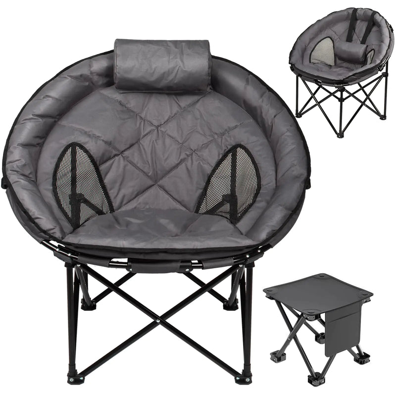 Moon Camping Chairs for Adults with Adjustable Lumbar/Headrest & Footrest Thick Padded Moon Camp Chair Moon Round Camping Chair Folding Camping Chair Outdoor for Camp Lawn Hiking Grey