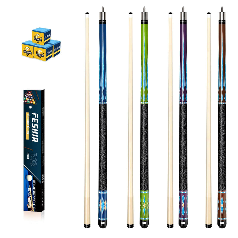 FESHIR Billiard Cue Sticks Pool Cue Stick Pool Stick Set of 4 Made of Premium Maple Wood Includes 4 Extra Billiard Chalk for Pool Cues 58