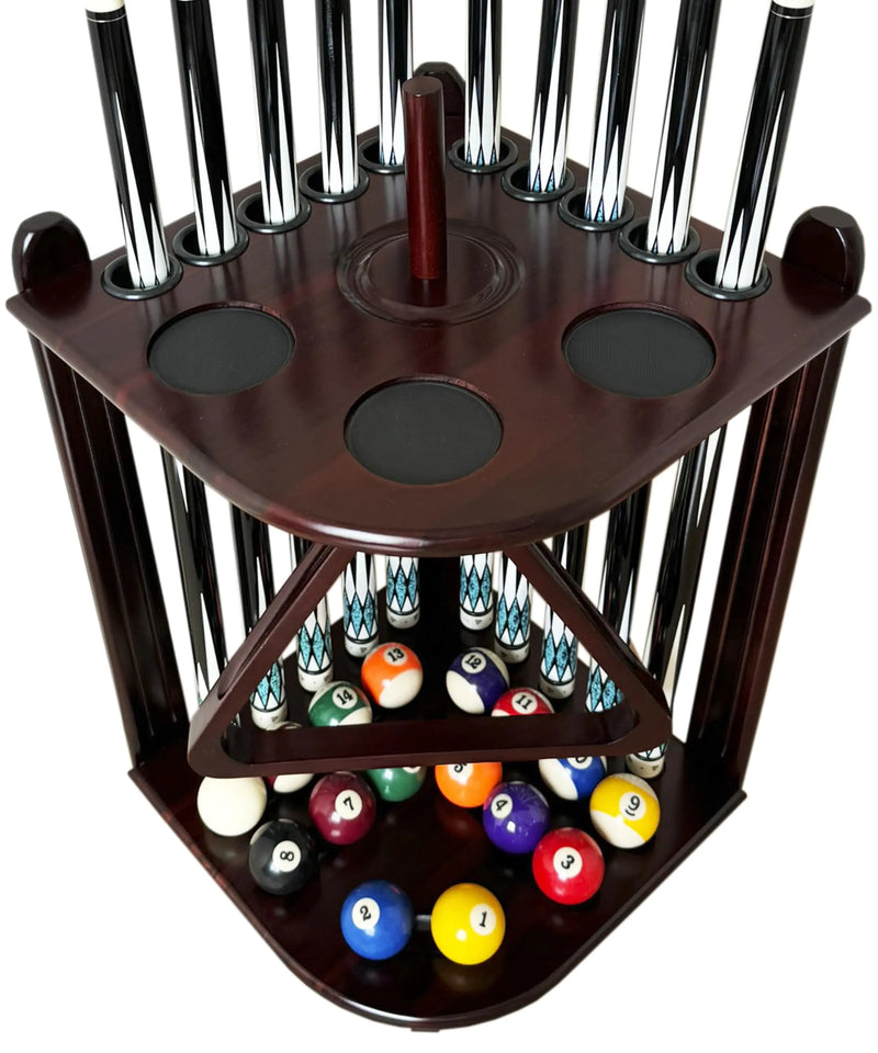 GACCO BILLIARDS Corner Pool Cue Holder Rack Hold 10 Cue Sticks & Billiard Table Accessories. Pool Stick Holder Made of 100% Solid Hardwood with Cone Chalk Holder (Mahogany)