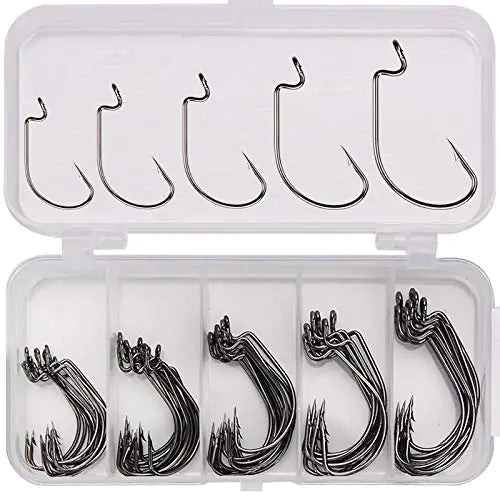 50pcs/Box Fishing Treble Hooks High Carbon Steel Fishing Hooks Kit Sharp & Round Bend Fishing Treble Hooks for Catfish Lures Baits Bass Fishing Accessories (Black Worm Hooks_50pcs/Box)