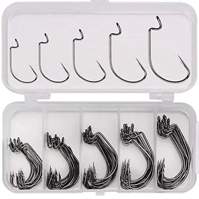 50pcs/Box Fishing Treble Hooks High Carbon Steel Fishing Hooks Kit Sharp & Round Bend Fishing Treble Hooks for Catfish Lures Baits Bass Fishing Accessories (Black Worm Hooks_50pcs/Box)