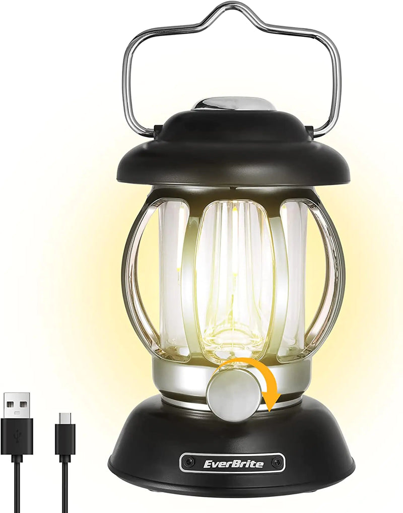 EverBrite Camping Lantern Rechargeable Retro Metal Camping Light 4400mAh Battery Powered Hanging Vintage Camping Lamp 3 Light Modes Outdoor Tent Light Emergency Lantern for Power Outage - Black