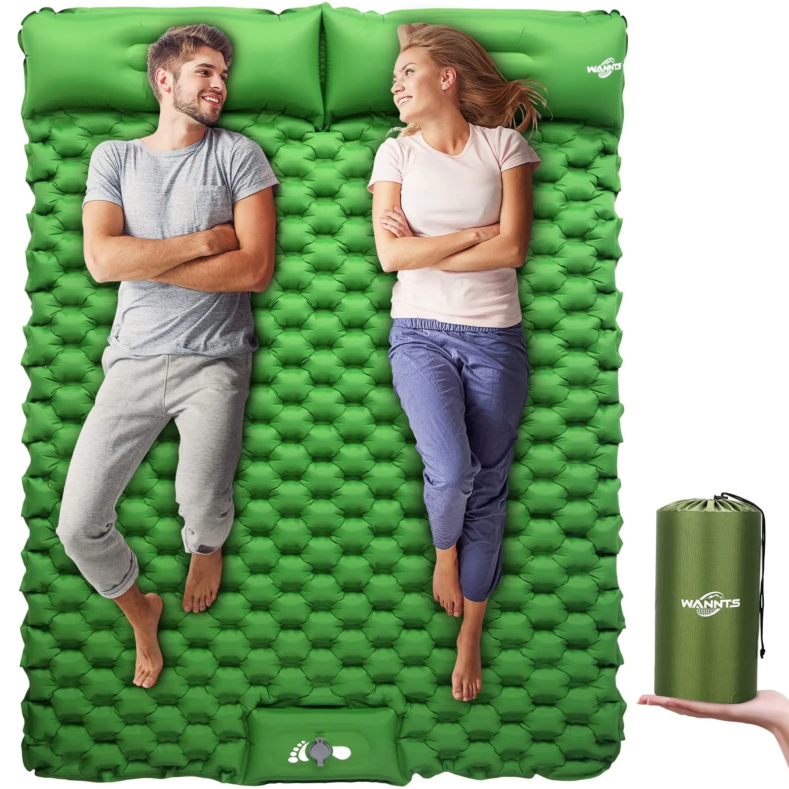 WANNTS Double Sleeping Pad Ultralight Inflatable Sleeping Pad for Camping Built-in Pillow Ultimate for Camping Hiking - Airpad Carry Bag Repair Kit - Compact & Lightweight Camping Pad(Green)