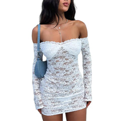 Fuimsul Women Sexy See Through Floral Lace Bodycon Mini Dress Y2k Skinny Long Sleeve Off Shoulder Mesh Lace Short Dress White