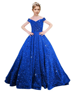 Off Shoulder Sequin Flower Girl Dresses for Wedding Sparkly Pageant Dresses Ball Gown Princess Kids Toddler Dress Royal Blue Child 7