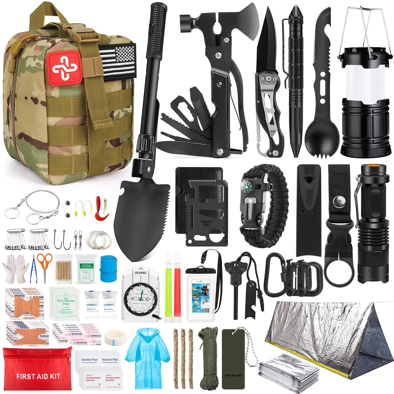 Survival Kit 250Pcs Survival Gear First Aid Kit with Molle System Compatible Bag and Emergency Tent Emergency Kit for Earthquake Outdoor Adventure Hiking Hunting Gifts for Men Women