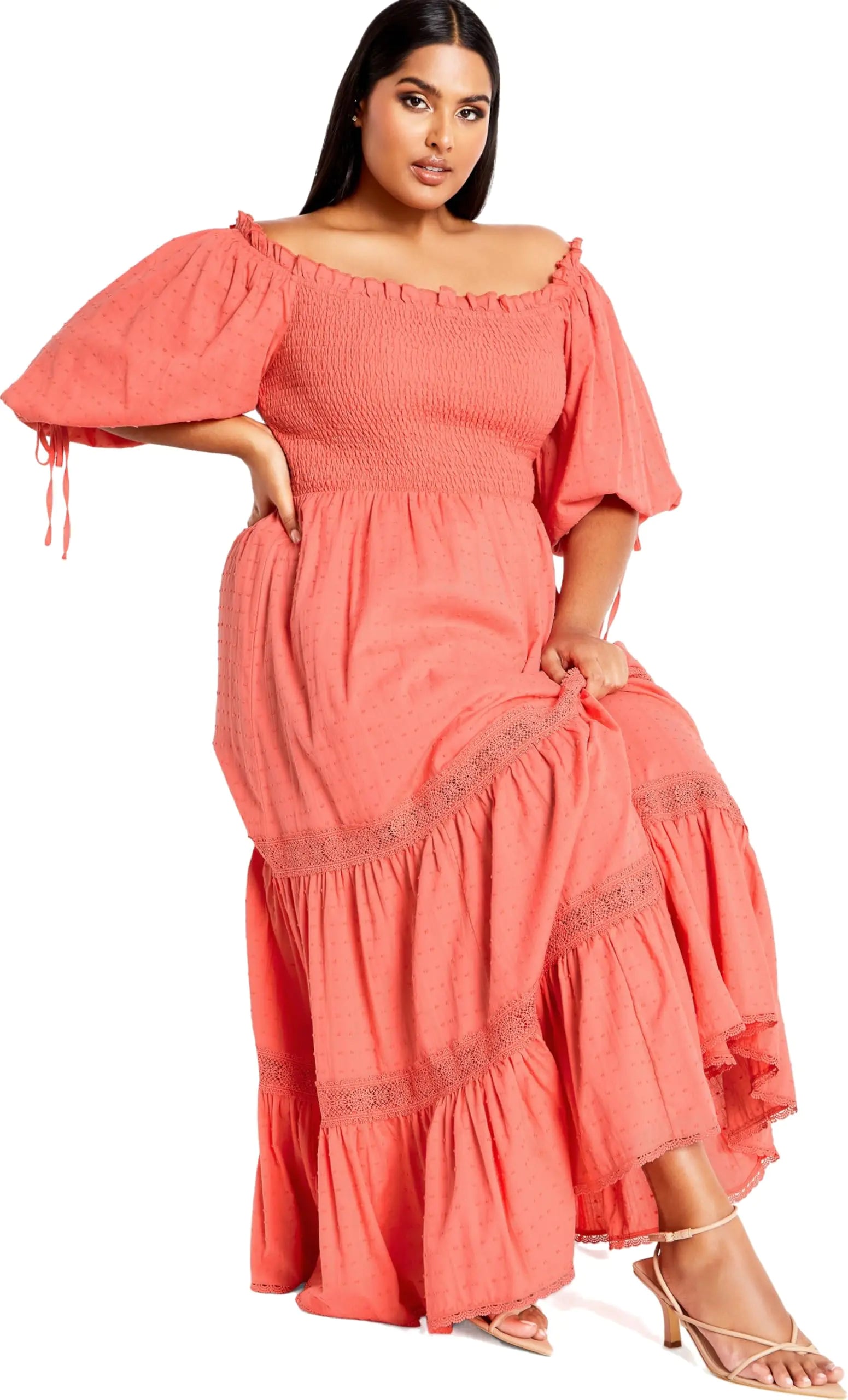 City Chic Womens Apparel Womens Plus Size Dress Love Shirred Sugar Coral 22