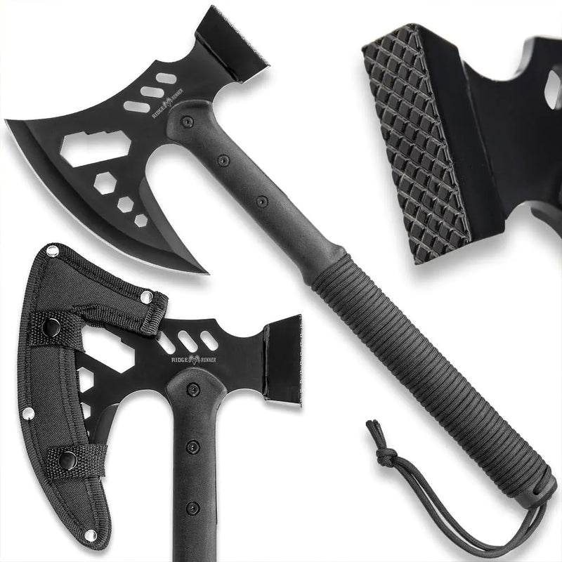 RIDGE RUNNER Tactical Multi-Tool Hammer and Axe with Sheath - Stainless Steel Head Has Integrated Hex Wrenches Paracord-Wrapped TPU Handle - Perfect for Survival and Camping Gear - Length 18