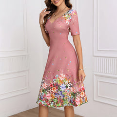 Women's Summer Short Sleeve Casual Dresses Sweet Cute V-Neck Floral Sundresses