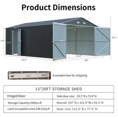 Spacious Outdoor Storage Shed This 13  20FT Outdoor Storage Shed Offers A Generous 250 Square Feet Of Floor Space, Perfect For Storing Trucks, Cars, Large Tools, And Lawn Equipment. With Double Front