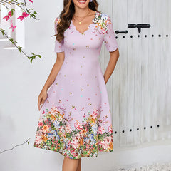 Women's Summer Short Sleeve Casual Dresses Sweet Cute V-Neck Floral Sundresses