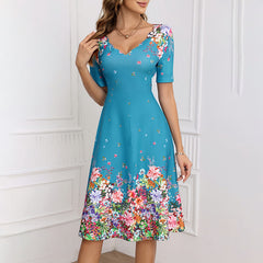 Women's Summer Short Sleeve Casual Dresses Sweet Cute V-Neck Floral Sundresses
