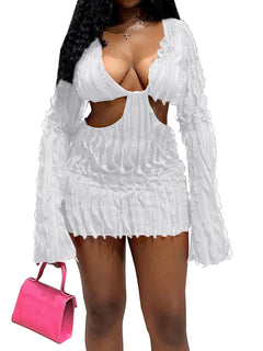 Uni Clau Women Sexy One Piece See Through Hollow Out Mini Dress Ruffle Tassel Skinny Short Dress Long Sleeve Nigh Club Party Y2K Dress White L
